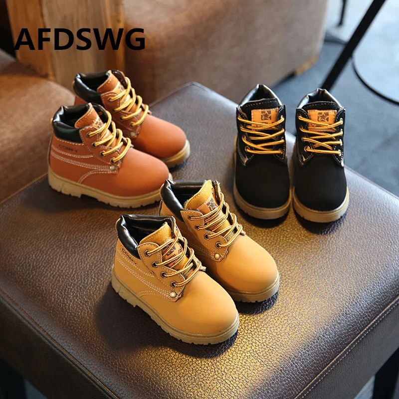 

AFDSWG spring and autumn leather short leather waterproof yellow tendon soft end black martin boots kids girls black boots