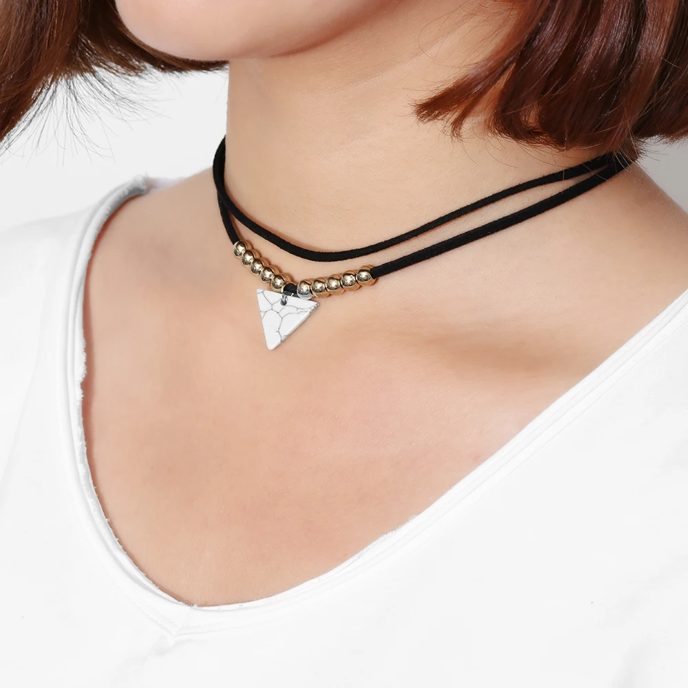 

Triangle Stone Choker Double Layer Unicorn Necklaces for Women Fashion Beads Pendant Collier Leather Necklace Boho Jewelry Choke