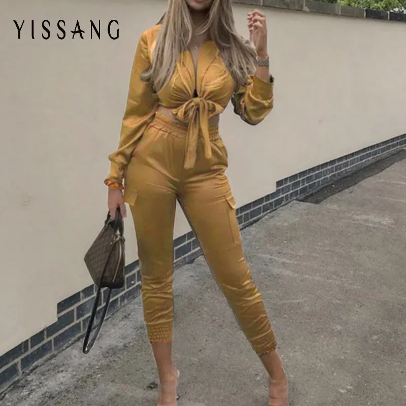 

Long Sleeve Suit Collar Silk Lady Set Large Size Fashion Sexy Two Piece Set High Waist Skinny Pencil Pants Set