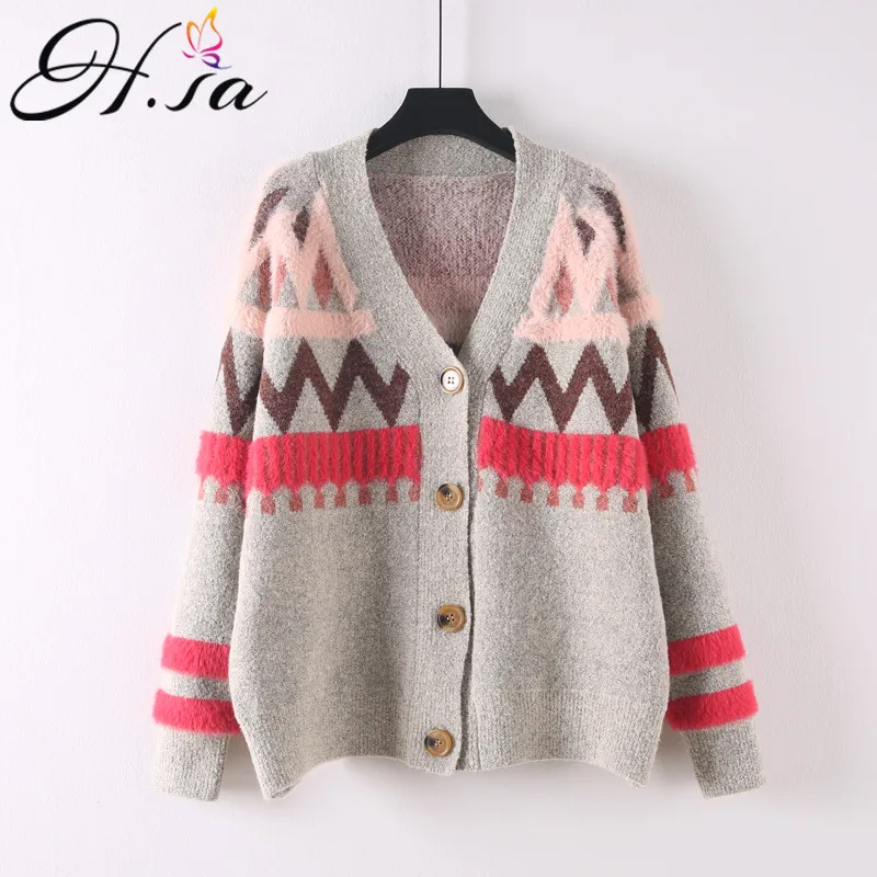 

H.SA Women Sweater and Cardigans V neck Retro Loose Poncho Button High Quality Warm Knit Coat Geometric Jumpers Casual Outerwear