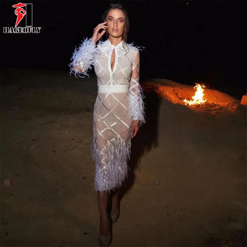 

HAGEOFLY 2018 White Feathers Bandage Sexy Party Dress 2 Pieces Set Hollow Out See Through Deep V Mid Calf Vestido Women New Year