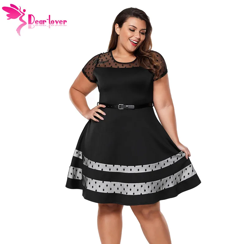 

Dear Lover office wear Black Dotted Mesh Insert Flare Patchwork Plus Size Dress with Belt Women Clothing Big Sizes 4XL LC61970