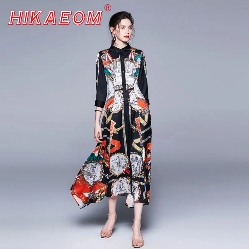 

Beauty Lapel Retro Print Irregular Large Swing Dresses 3 Qualters Sleeve Turn-down Collar Single Breasted Vintage Print Dresses