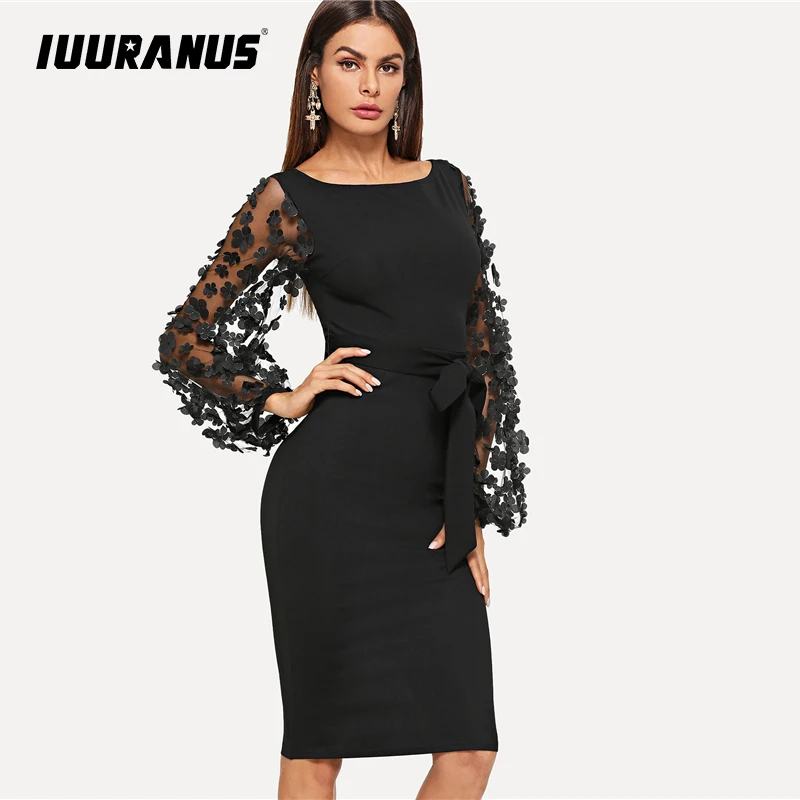 

IUURANUS Black Party Elegant Flower Applique Contrast Mesh Sleeve Form Fitting Belted Solid Dress Women Streetwear Dresses