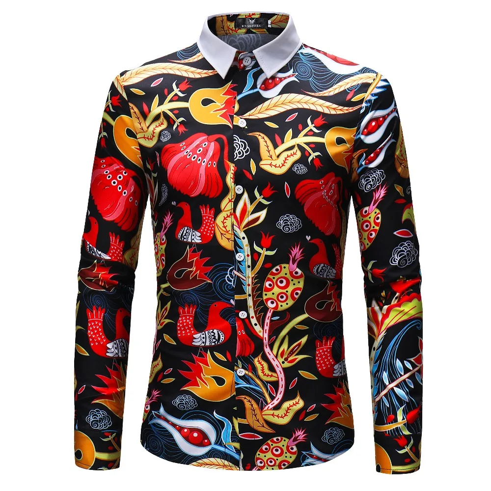 Men Flower Shirts Long Sleeve Shirts Slim Fit Men 3D Printed Shirts Spring Autumn Casual Hawaiian Shirts for Mens Clothing