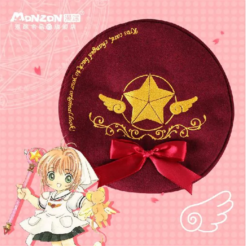 

Card Captor Sakura Cosplay Hat Women Girl Lolita Vintage Beret Clow Card Embroidery Cap with Bowknot