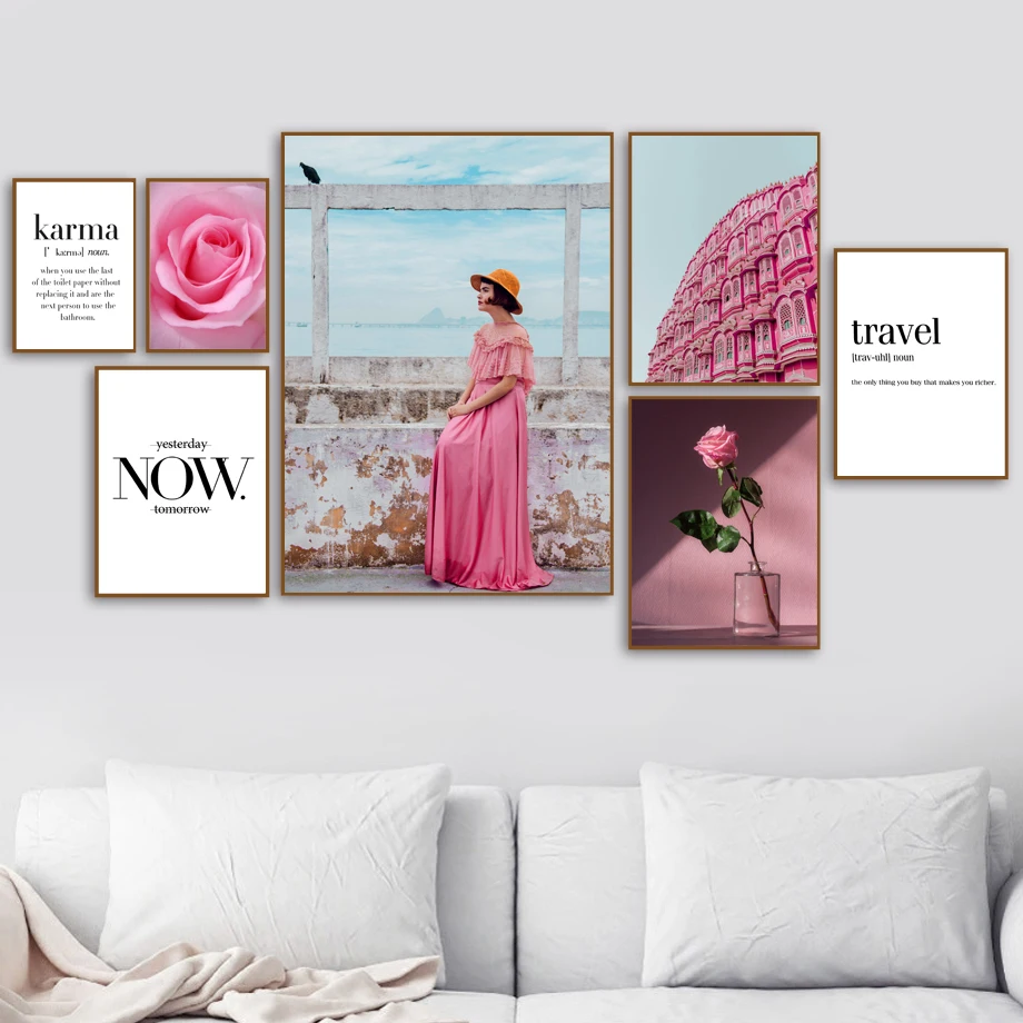 

Pink Building Flower Girl Quotes Wall Art Canvas Painting Nordic Posters And Prints Salon Decor Wall Pictures For Living Room