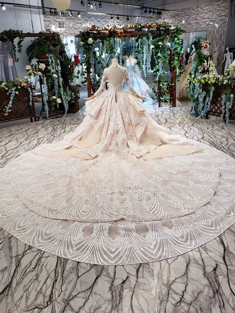 HTL433 long sleeves lace wedding dresses with train v-neck open back puffy ruffle wedding gowns heavy handwork robe de mariee (3)