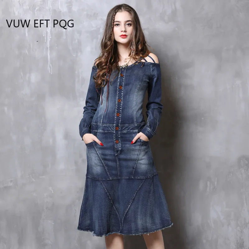 Винтаж Для женщин платье из джинсовой ткани 2018 осень мода трепал подол с длинным