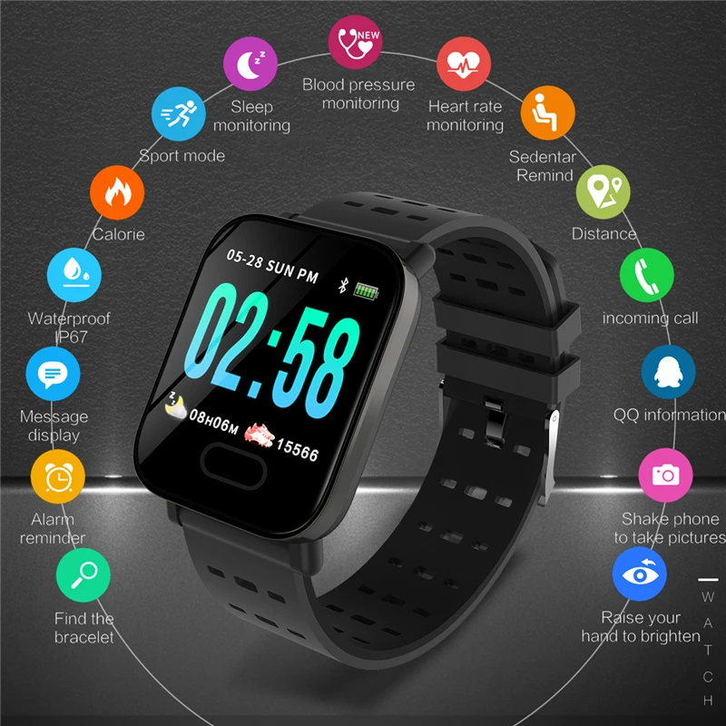 

New Smart Watch Men Women A6 Blood Pressure Blood oxygen Heart Rate Fitness Tracker IP67 Waterproof Sport Watch For IOS Android