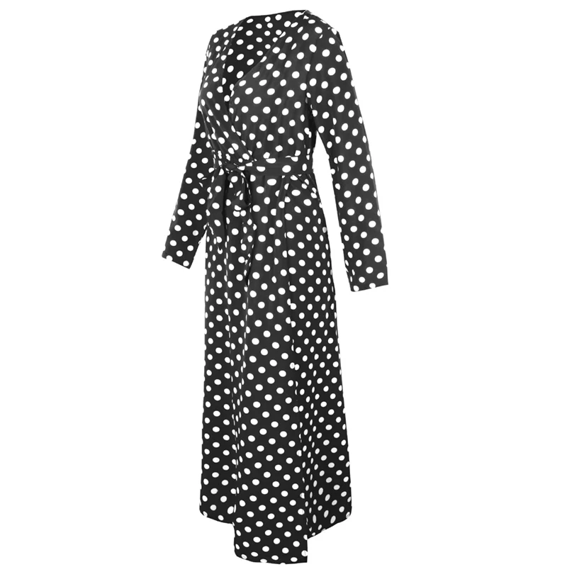 Qunndy 2018 Sexy Long Sleeve V Neck Long Party Maxi Dresses Polka Dot Print Beach Bohemian Vintage Dress Women Casual Vestidos (10)