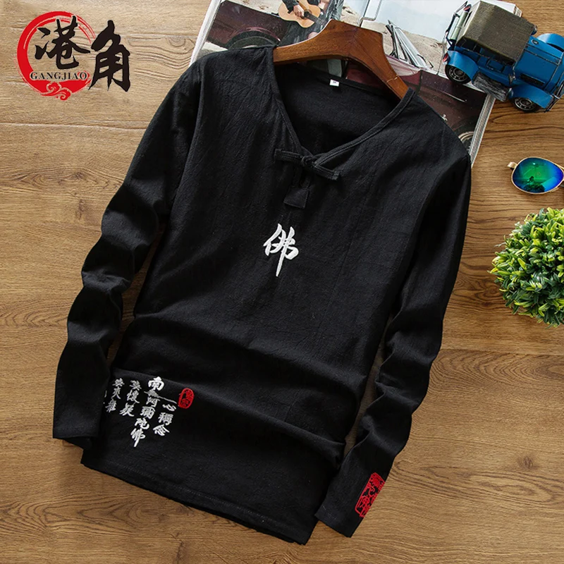 

The spring of 2019 flax material T-shirt men long sleeve Chinese wind Buddha word embroidery cotton T-shirt