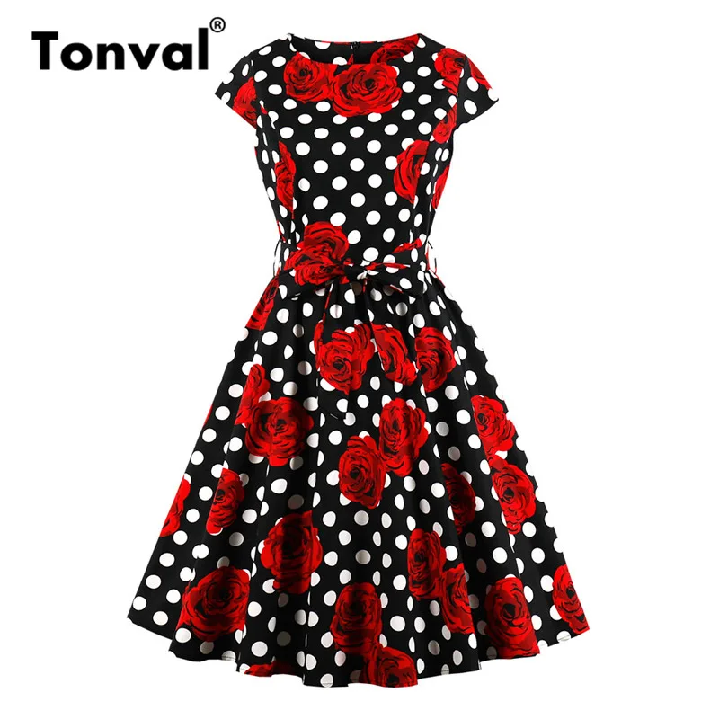 

Tonval Red Rose Floral Vintage Cotton Black Dress Elegant Polka Dot Rockabilly Summer Dresses Women Belted Casual Dress