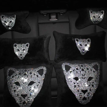 

European and American Winter Plush with Crystal Rhinestone Car Neck Pillow Sets leopard Fur Head Rest Waist Supports Pillows
