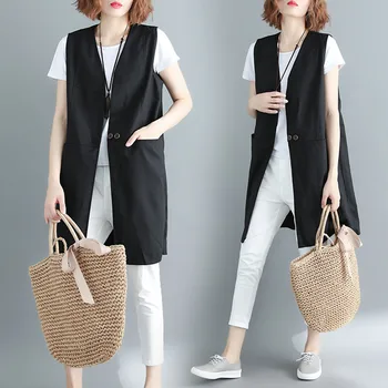 

2020 New Summer Large Size Women's Clothing Loose Solid Color Sleeveless Vest Jackets V-neck long section Black Blazer Suit V649