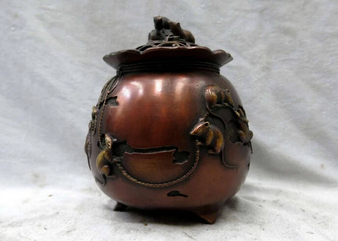 

wholesale factory China red bronze workmanship lucky money pot mouse incense burner Statue