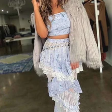 Летняя женская длинная юбка, цельная Сексуальная двухцветная юбка-труба, открытая прострочка с блестками, с воланами, плиссированное платье