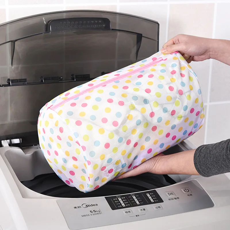 XZJJA 1PC Round Dots Zipper Laundry Bags Women Bra Underwear Washing Machine Mesh Bag Washing Pouch Clothes Protector Net Case