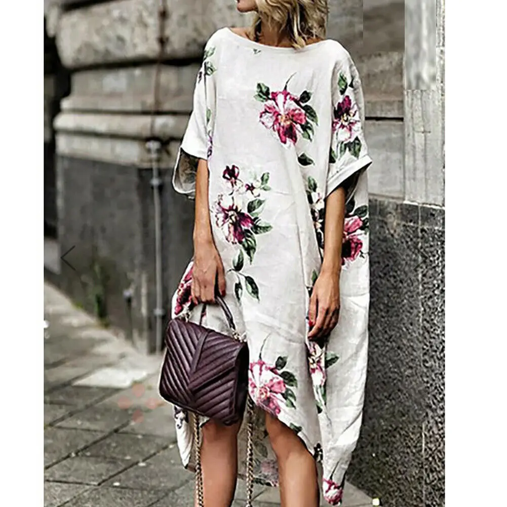 

Plus Size Women Ladies Summer Smock Long Dress Holiday Beach Casual Loose Asymmetry Cotton and Linen Frill Print Sundress