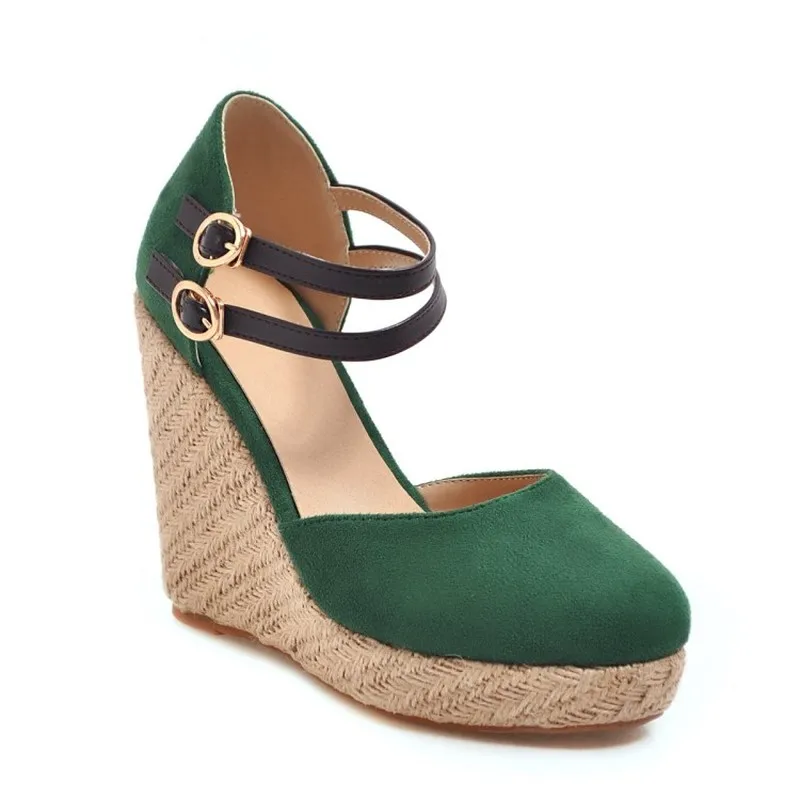 Women's Pumps Super High Heels Shoes Round Toe Wedges Buckle Platform 2019 Sexy New Fashion Party Green Gray Big Size 34-43
