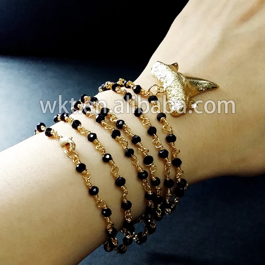 

WT-B071 Wholesales multi layer real shark tooth bracelet, full gold dipped black beads rosary chain bracelet in 1 meter length