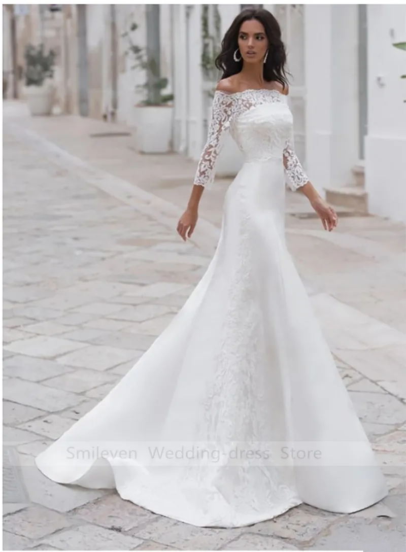 Кружевное Свадебное платье русалки с рукавами 3/4, высококачественное платье невесты, элегантное винтажное кружевное свадебное платье с открытой спиной