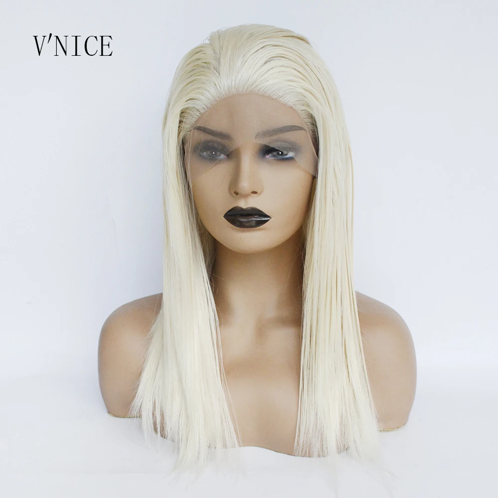 

V'NICE Platinum Blonde Wig Glueless Synthetic Lace Front Wigs with Baby Hair for White Women Short Bob Heat Resistant Fiber