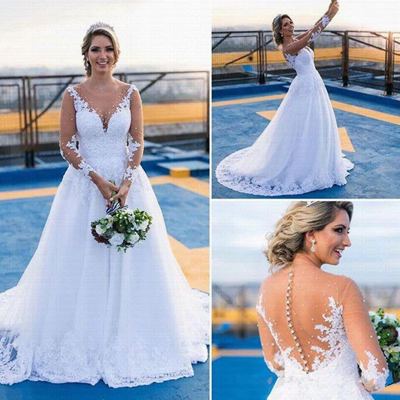 

Appliques Vestido De Noiva Wedding Dresses 2019 Sheer Neck Beads See Through Back Robe Mariage