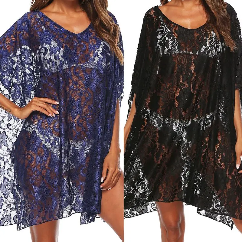 Womens 3/4 Batwing Sleeves Oversized Bikini Cover Up Hollow Sheer Floral Lace Beach Dress Sexy Deep V-Neck Side Slit Tunic Tops |