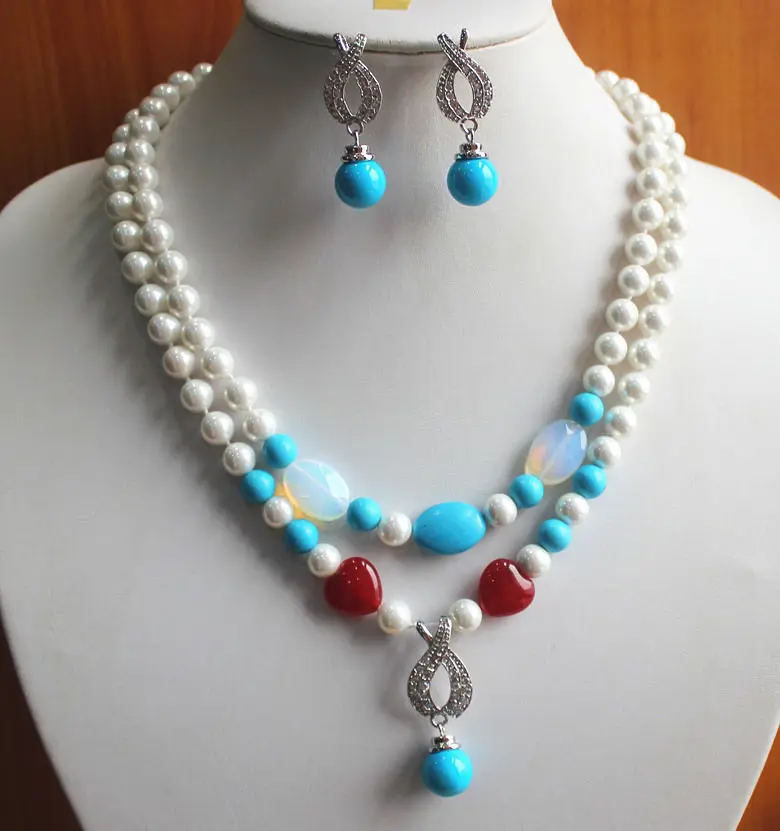 

Charming 2 Rows 8mm Pearl/Jade Necklace Blue Pearl Earring Pendant Jewelry Set AAA style Fine Noble real Natural free shipping