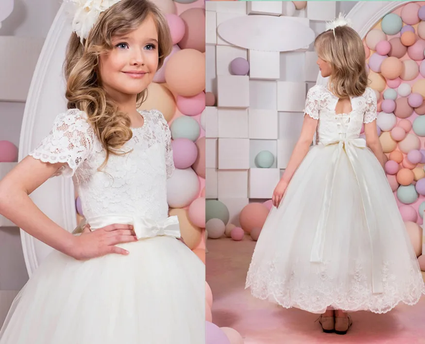 

2017 Hot Sale White First Communion Dress Lace Appliques O-neck Short Sleeves Ankle Length Birthday Dresses Flower Girl Dresses