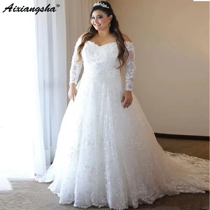 Plus Size Wedding Dresses Off Shoulder Long Sleeve Sequined Appliques Lace A Line See Custom Through Back Bridal Gowns | Свадьбы и