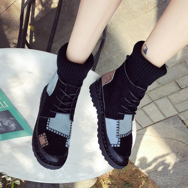 JINBEILEE Winter Wild High-top Canvas Lace-up Female Boots Cloth Wind Patch Fashion Boots Wpmen's Casual Walking Shoes
