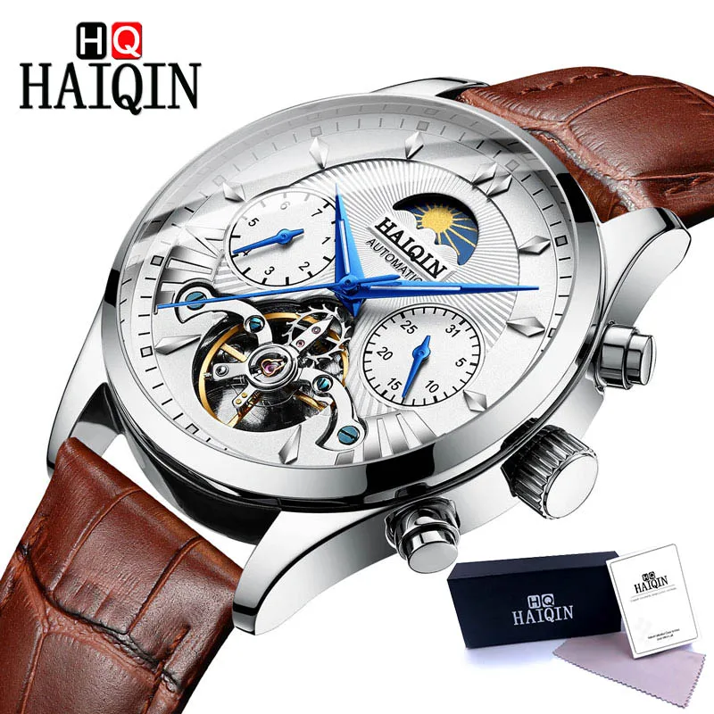 HAIQIN, мужские часы, часы для мужчин, роскошные модные мужские механические часы, бизнес бренд, военные/спортивные/часы, Relogio Masculino - Цвет: Brown-White