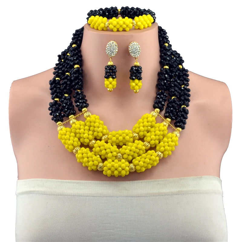 Pretty Black and Yellow Crystal Bead Plated Gold Balls Crystal Necklace