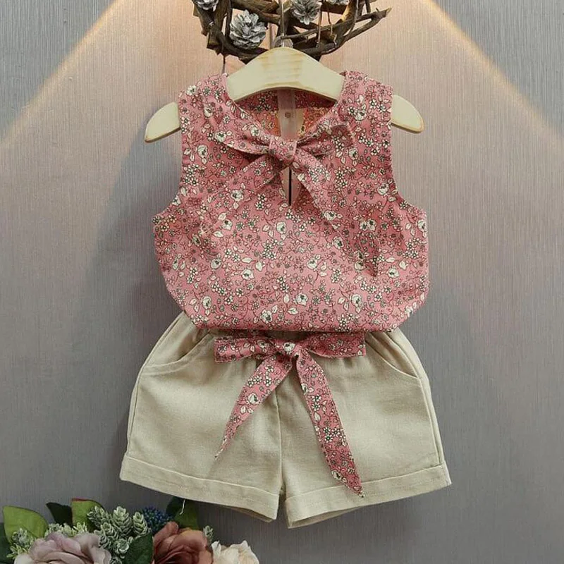 

summer baby girl clothes vest + shorts 2pcs set baby girls clothing set toddler kids vintage floral Bowknot clothing 2017