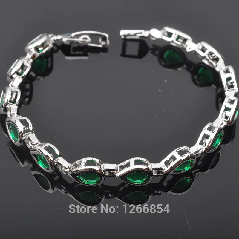 

Pear Shape Green Cubic Zirconia Silver Jewelry For Women Link Chain Bracelet 7 inch Free Shipping R01278