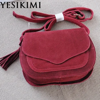 

YESIKIMI Genuine Leather Bags For Women Vintage Suede Tassel Shoulder Bag Retro Feminine Small Saddle Bolsos Nubuck leather