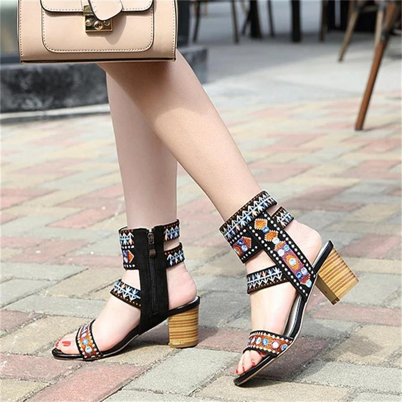 Zapatos de verano Mujer 2019 sandalias de verano sandalias de tacones altos  de las mujeres Sandalias Zapatos de tacón de bloque bordado negro|Sandalias  de mujer| - AliExpress