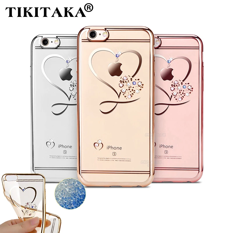 Clear Phone Cases For iphone 6 Case Ultra Thin Soft TPU Crystal Heart Plating Glitter Diamond