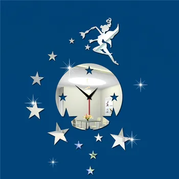 

MEYA Silver Mirror wall clock mirror , Fairy star clock mirror sticker ,Cartoon mirror clock decal sticker