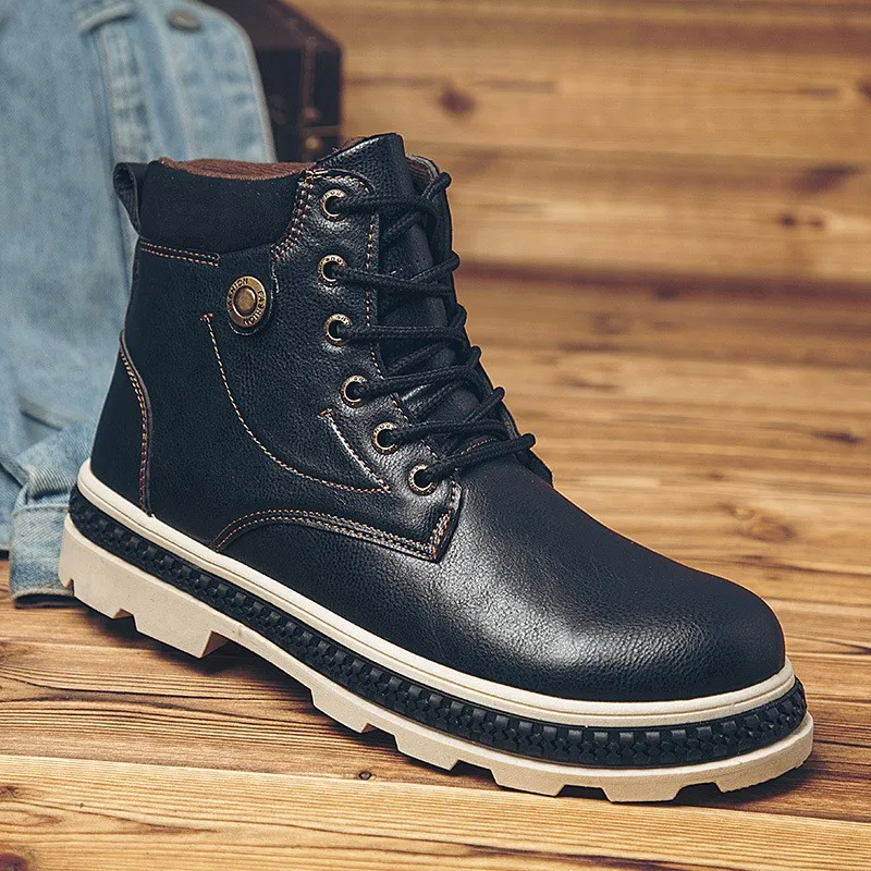  Men High Quality Leather Waterproof Hiking Shoes Outdoor Lace Up Height Increase Sneakers Hiking Sh