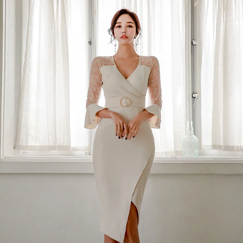 

Fashion women new arrival comfortable soft lace perspective sexy dress temperament elegant slim party simple asymmetrical dress