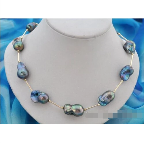 

Free shipping >>>>>18"15x25mm baroque black keshi reborn pearl necklace