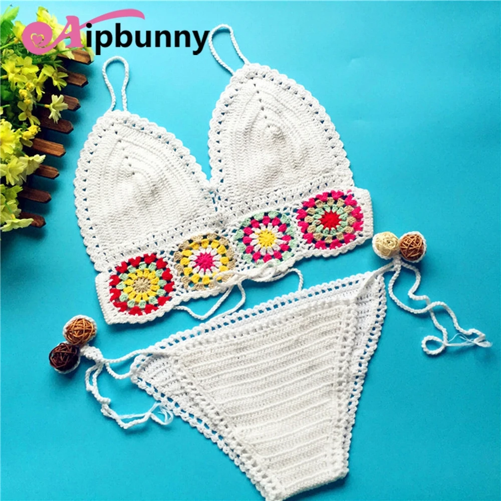 

AtejiFey 2018 new hot Swimsuit Flower Bikinis Knitted De Femme Crochet Women Set Bain Bathing Maillot Hand-made Swimwear Suit