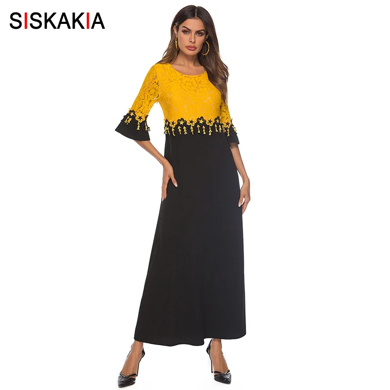 Siskakia кружево Цвет Блок женское длинное платье круглый вырез платья-Макси с длинным рукавом элегантные дамы Eid Adha одежда для Рамадана желтый