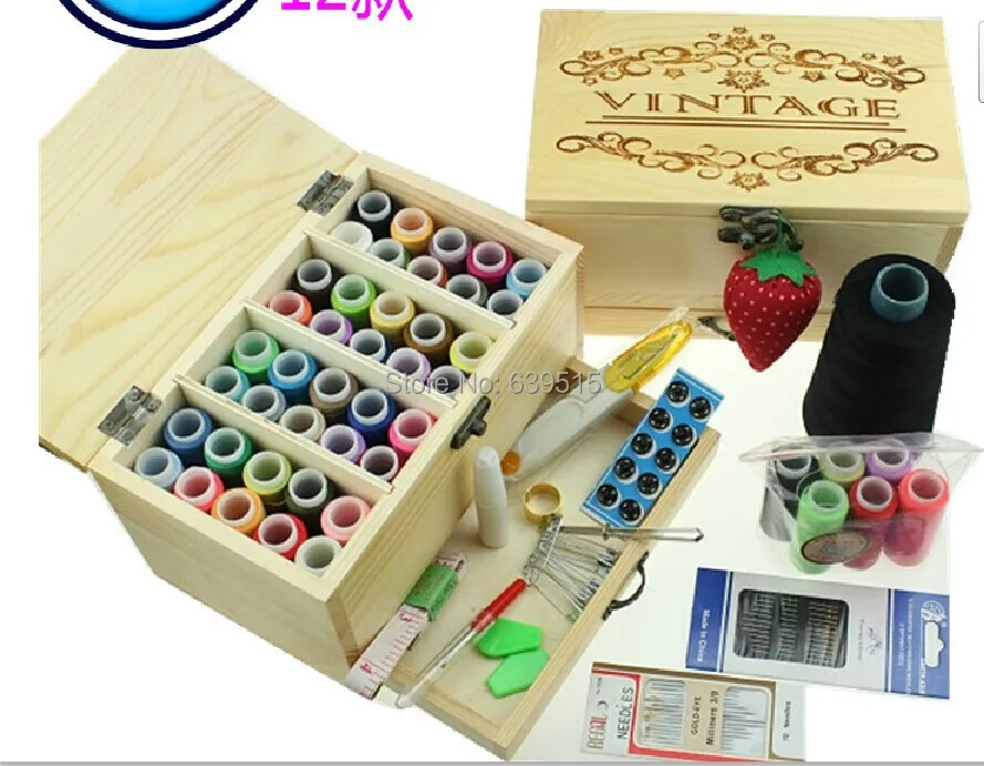 46 color +12 Piece tool Sewing kit / wood wooden sewing box set sewing