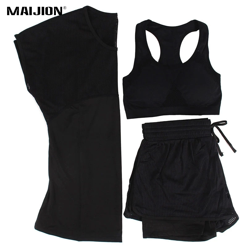 

MAIJION 3Pcs Women Sports Running Sets Yoga T Shirt Tops&Shorts&Bra Set Quick Dry Gym Fitness Yoga Set Workout Sportswear Suit