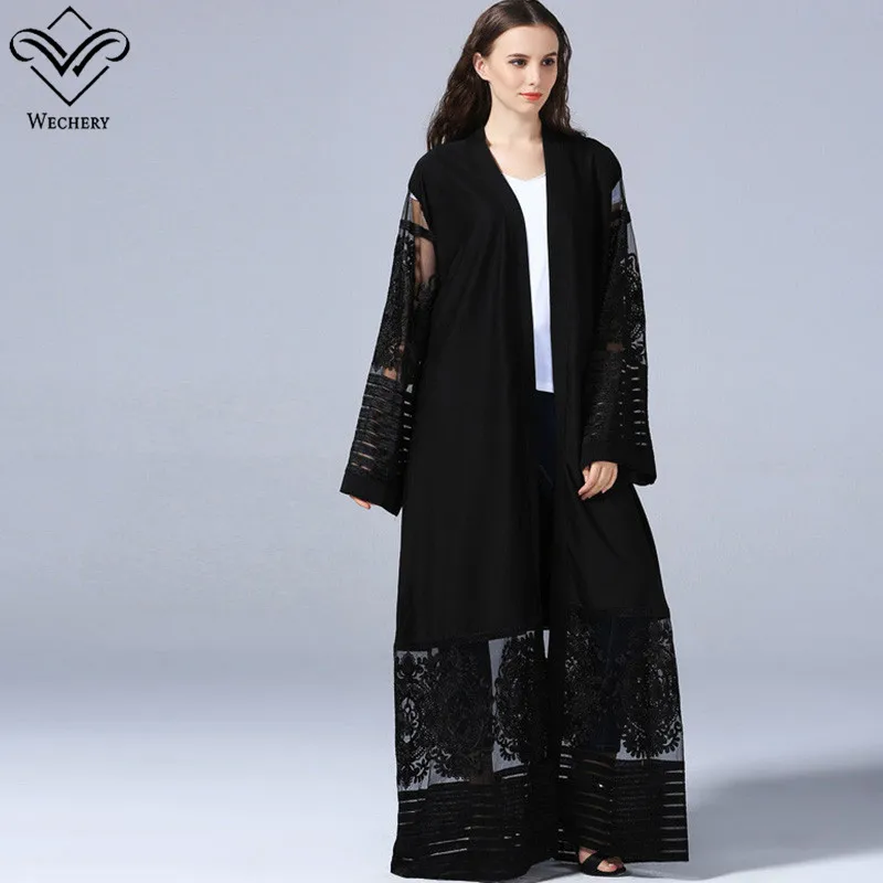 Wechery черный кружевной кафтан для женщин цветочный узор свободное мусульманское платье свободные открытые длинные халаты черный фиолетовый Абая для женщин - Цвет: Черный
