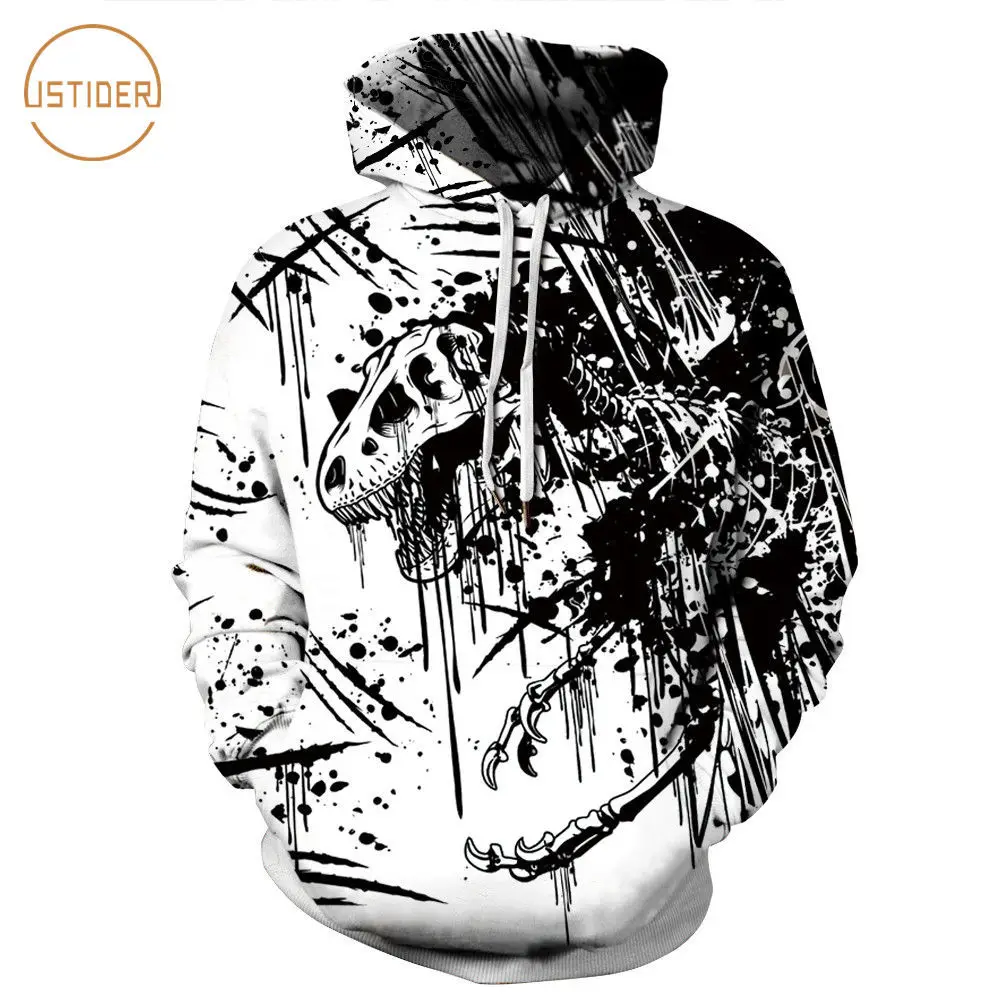 

ISTider Unisex Fall Long Sleeve 3D Hoodies Dinosaur Skeleton Printed Black White Hoodie Sweatshirt Splash Ink Skulls Hooded Tops